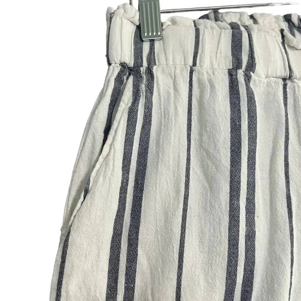 H&M Womens Pants Size 2 Blue White Striped Wide Leg Cropped Linen Blend Coastal